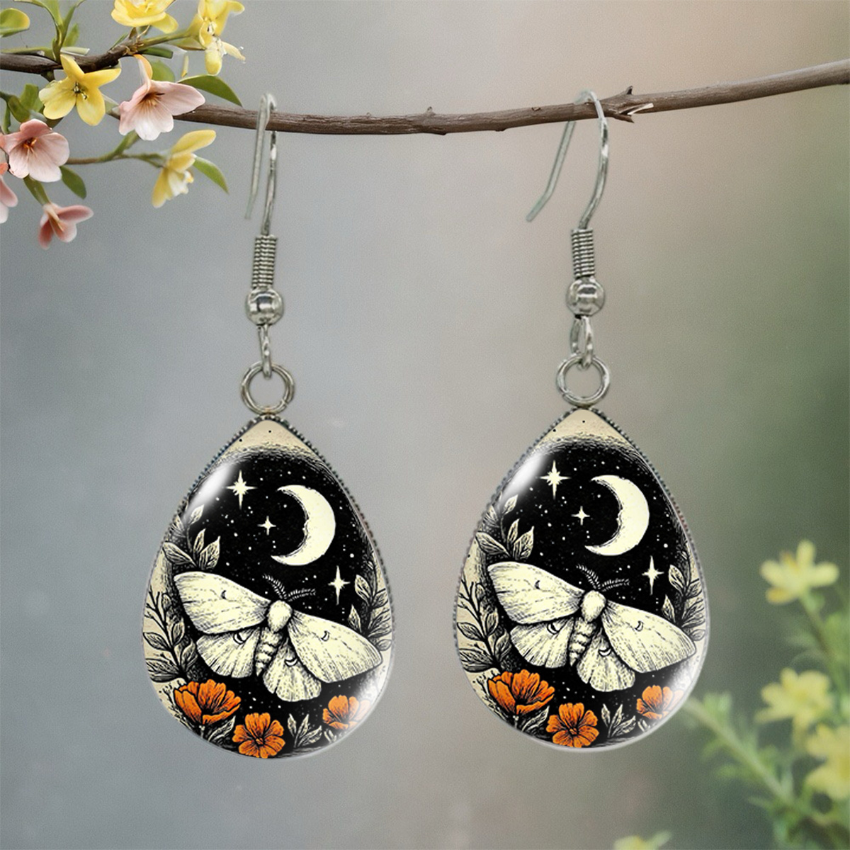 Crescent Star Moth Orange Flower Print Water Drop Earrings